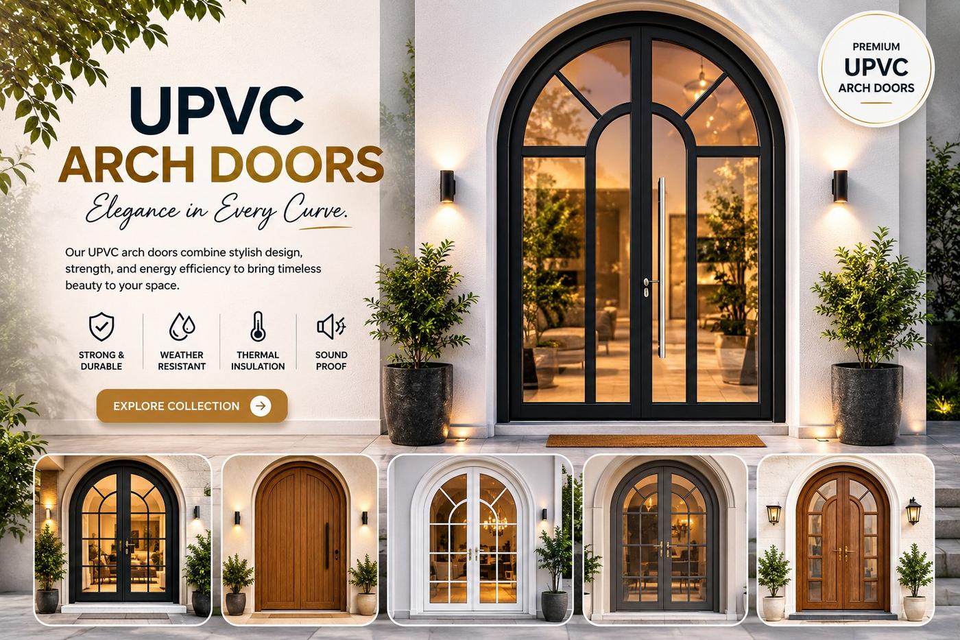Premium UPVC arched front door installation with feature lighting and matched garden planters