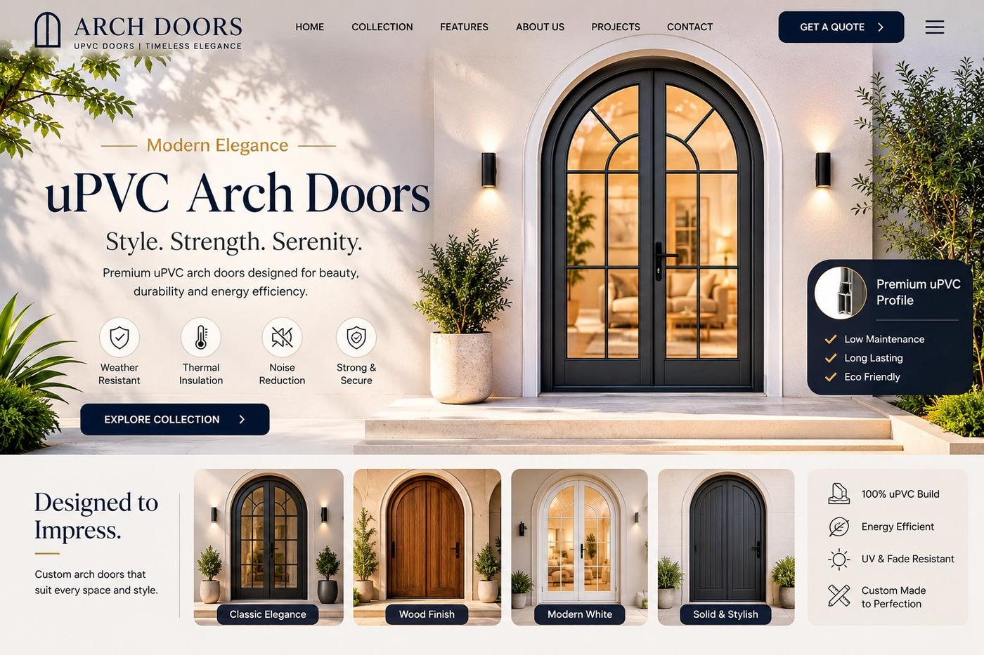UPVC arched door styles — Classic Elegance, Wood Finish, Modern White and Solid & Stylish
